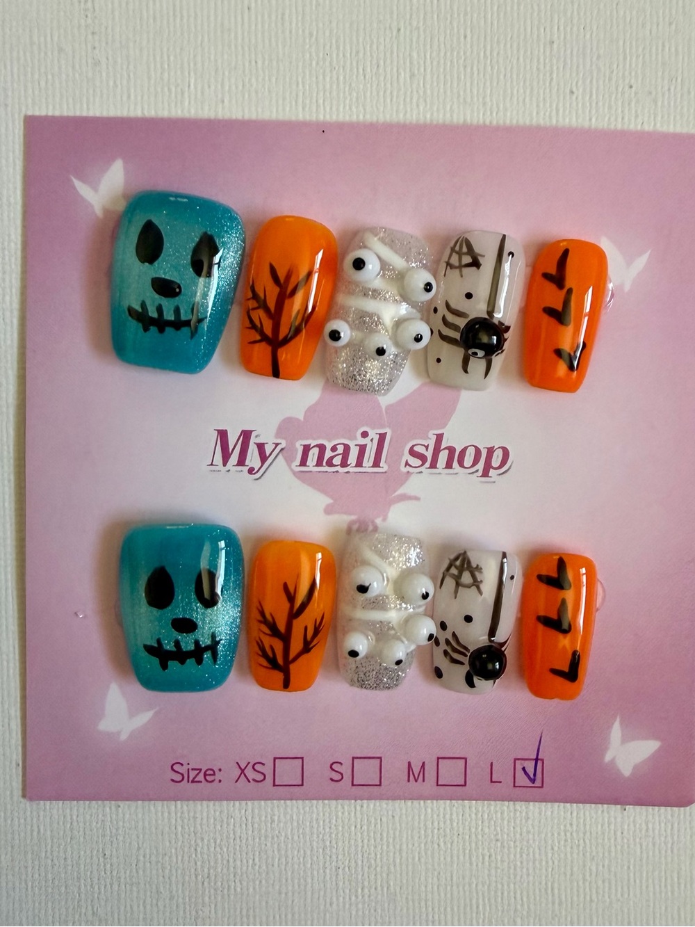 NEW Halloween Press-On Nail Set in Teal, Orange, Silver, White SZ Large🎃